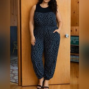 Forever 21 Black Sleeveless Printed Jumpsuit with White Dot Motif